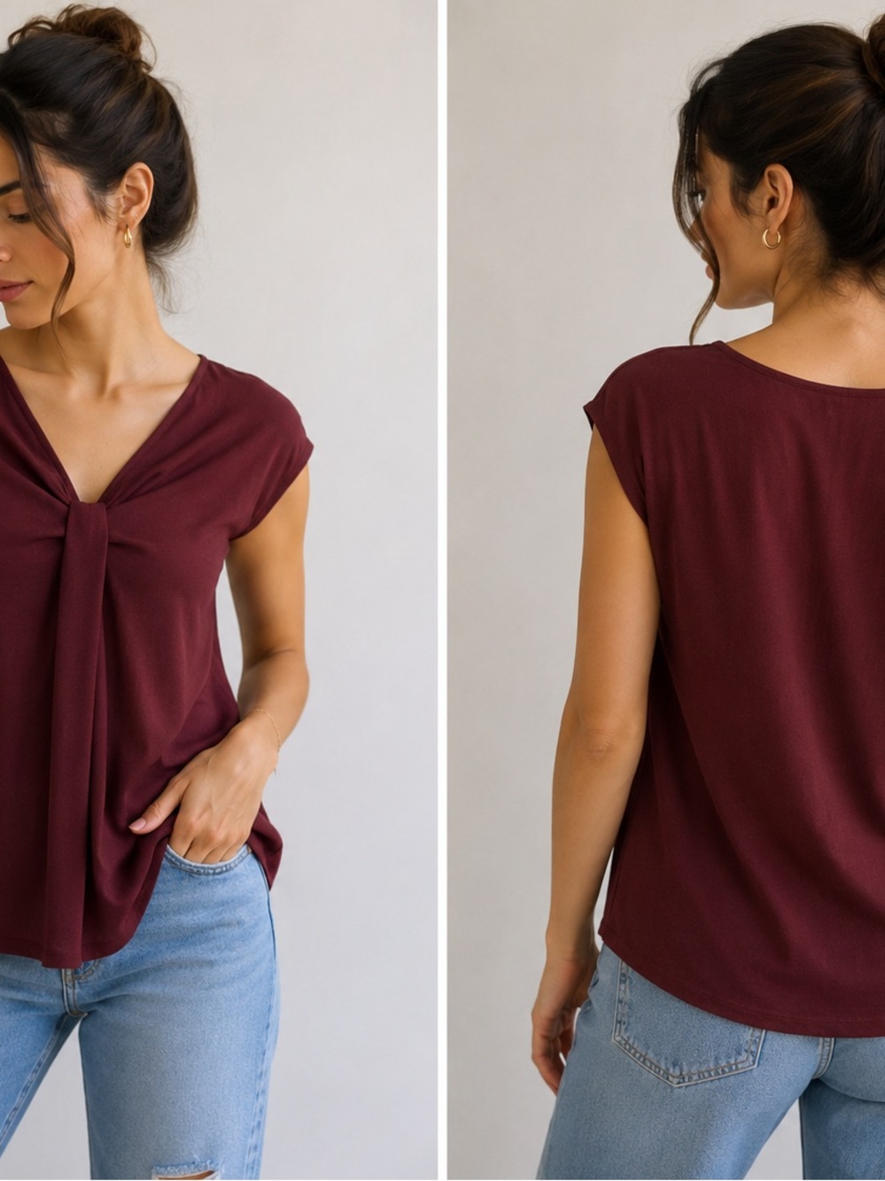 Título:
Elegant Burgundy Knot Front Blouse – Women’s Top